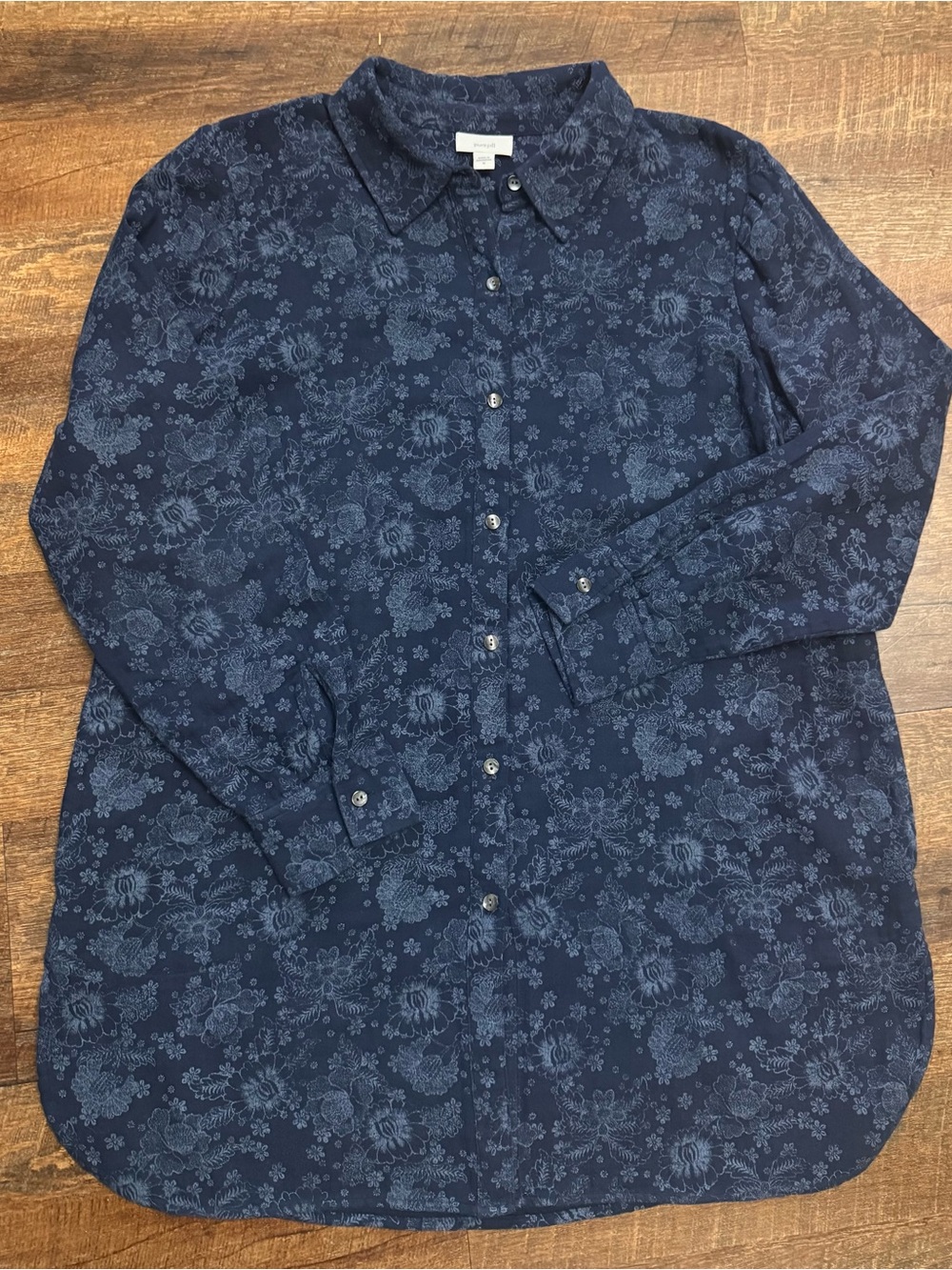 Pure J. Jill Floral Button Front Tunic Shirt Medium 100% Cotton Navy Blue